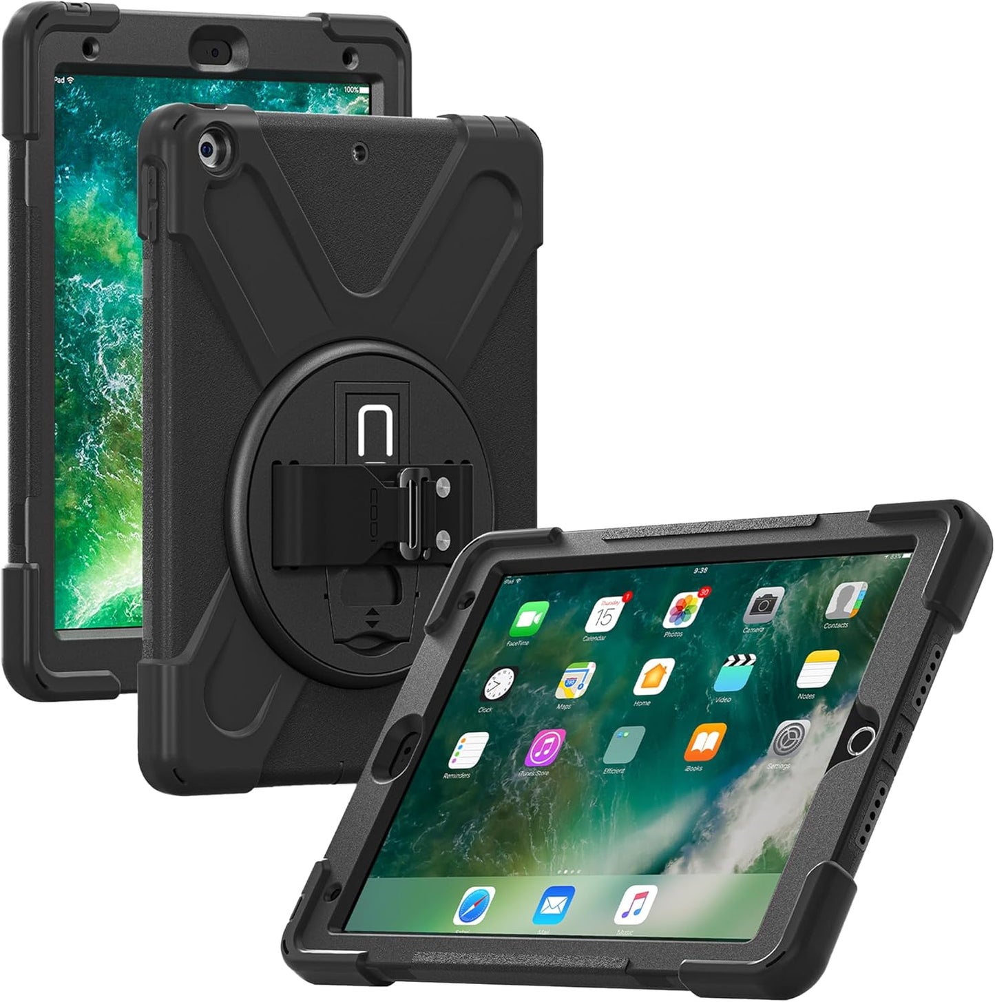 CODi Rugged Case for iPad 9.7 inch black back view with integrated kickstand and shock absorbers