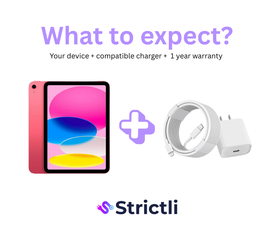 All iPads come with a compatible charger and a 1 year Strictli Complimentary non-accidental warranty