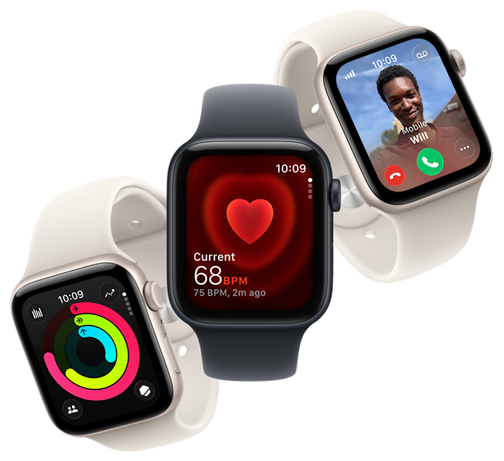 Three Refurbished Apple Watch SE 3rd Gen devices in dark and light aluminum finishes displaying the Activity Rings, Heart Rate Monitor, and Incoming Call interfaces - Strictli Certified
