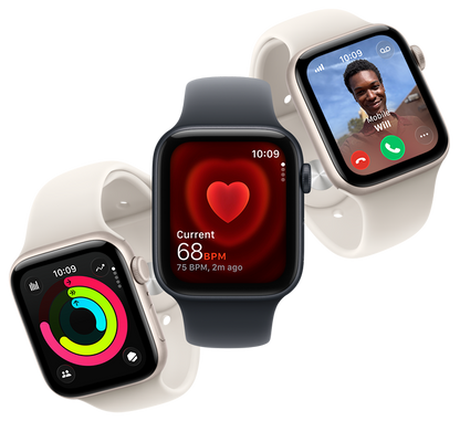 Three Refurbished Apple Watch SE 3rd Gen devices in dark and light aluminum finishes displaying the Activity Rings, Heart Rate Monitor, and Incoming Call interfaces - Strictli Certified