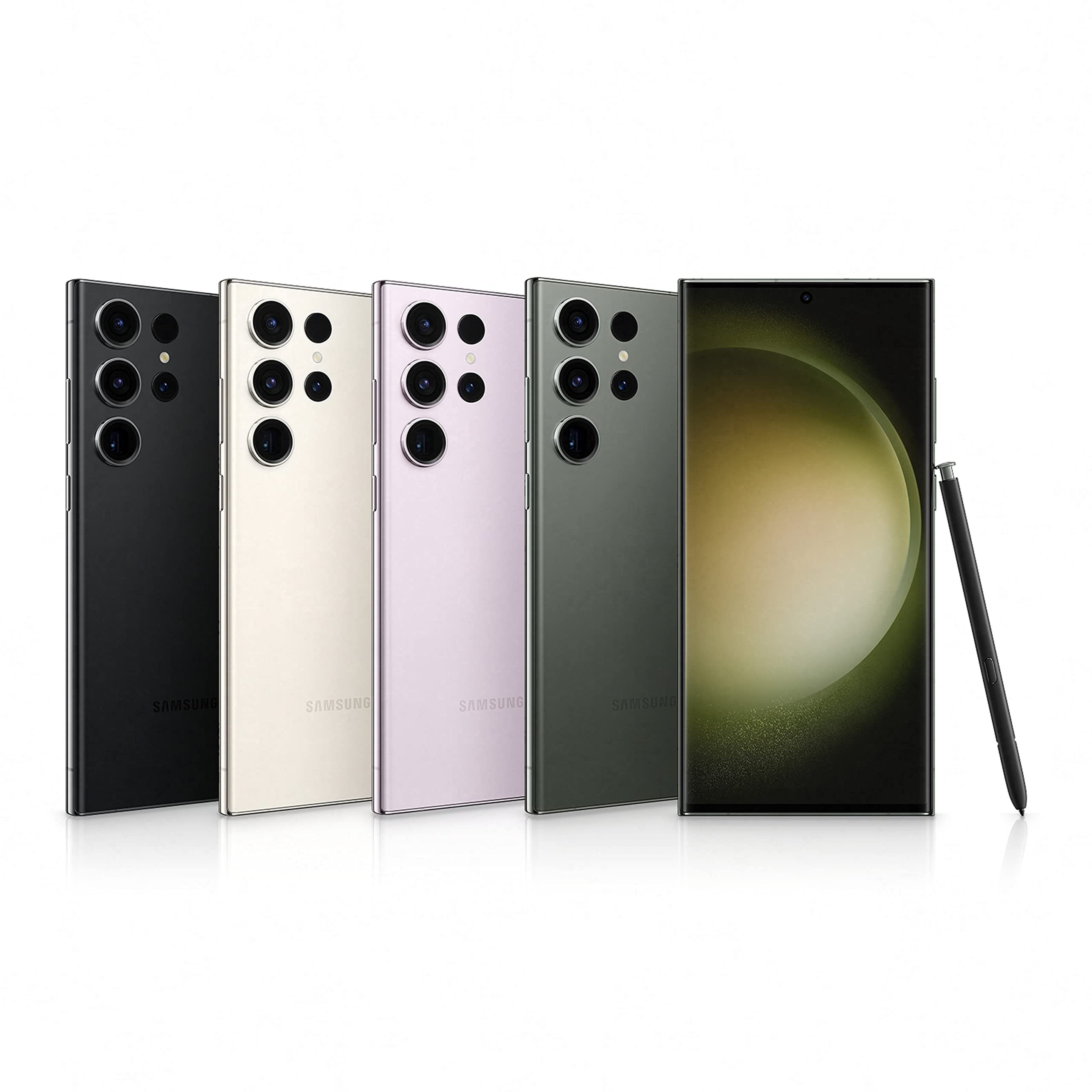 Refurbished Samsung Galaxy S23 Ultra 4 Colors front and back view with built-in S Pen and quad camera system - Strictli Certified