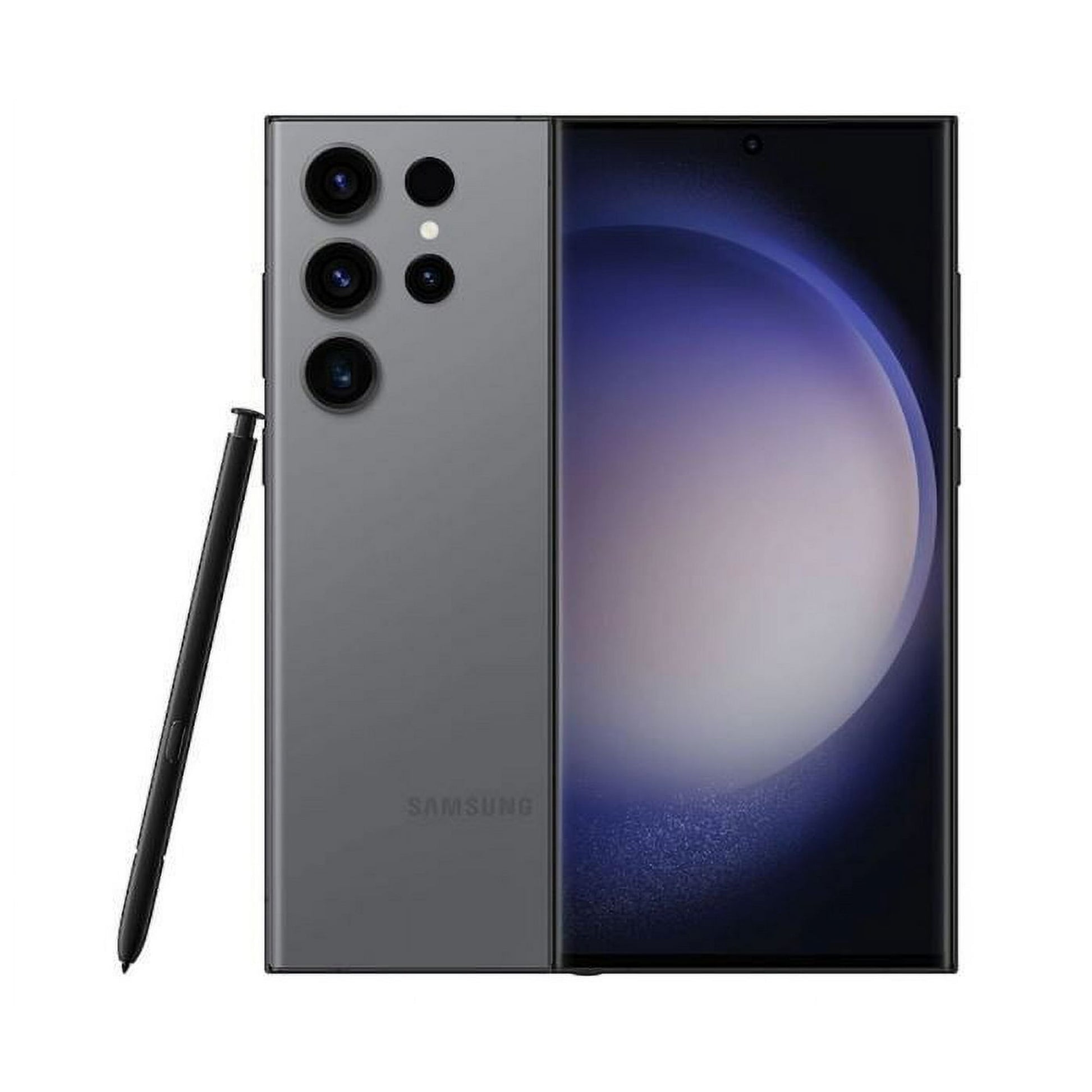 Refurbished Samsung Galaxy S23 Ultra Graphite front and back view with built-in S Pen and quad camera system - Strictli Certified