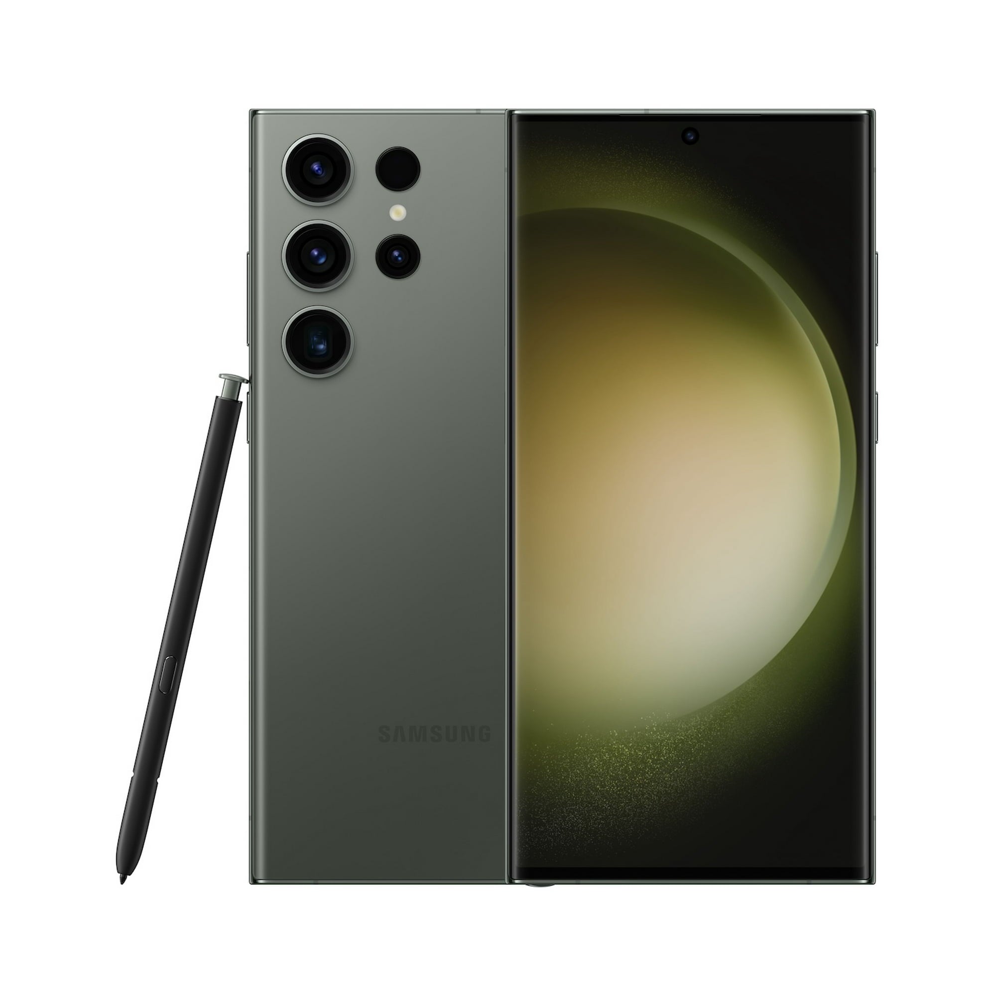 Refurbished Samsung Galaxy S23 Ultra Green front and back view with built-in S Pen and quad camera system - Strictli Certified
