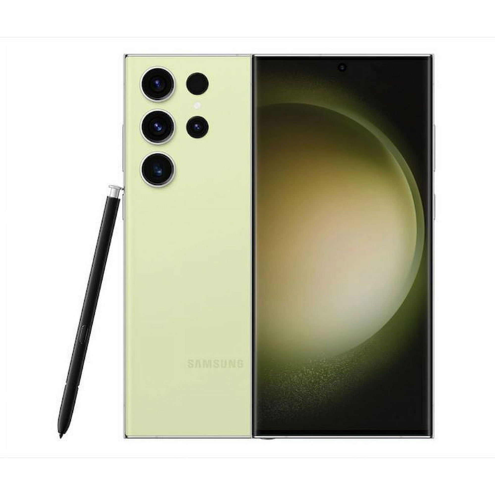 Refurbished Samsung Galaxy S23 Ultra Lime front and back view with built-in S Pen and quad camera system - Strictli Certified
