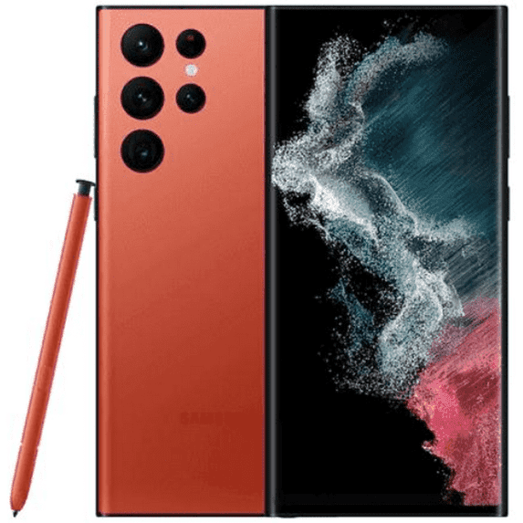 Refurbished Samsung Galaxy S23 Ultra Red front and back view with built-in S Pen and quad camera system - Strictli Certified
