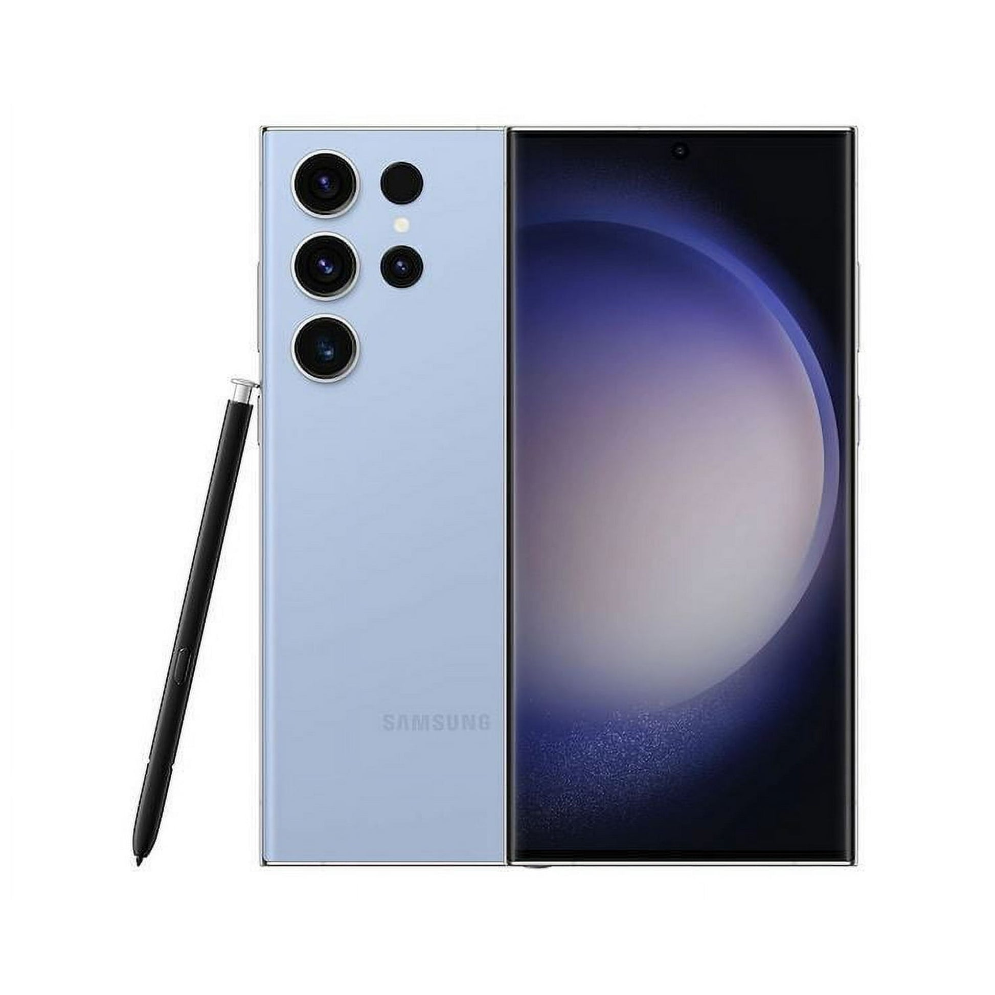 Refurbished Samsung Galaxy S23 Ultra Sky Blue front and back view with built-in S Pen and quad camera system - Strictli Certified