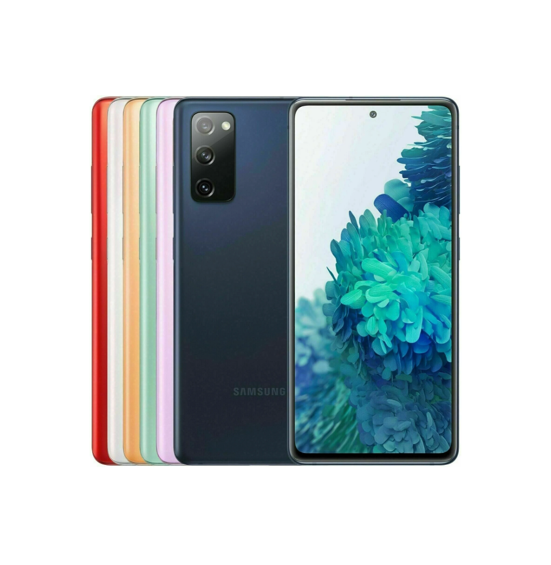 Refurbished Samsung Galaxy S20 FE 5G front and back view with matte finish and triple camera system - Strictli Certified