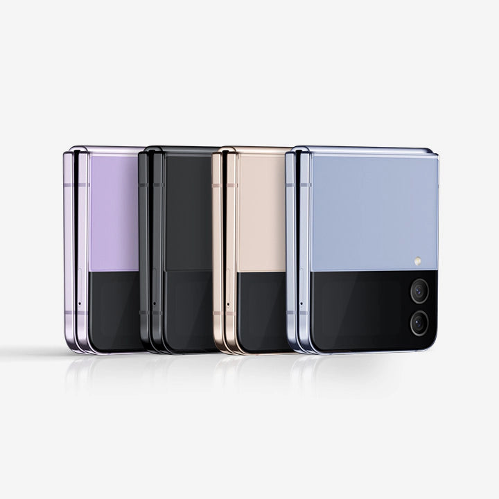 Refurbished Samsung Galaxy Z Flip 4 shown in folded positions with dual rear cameras and active cover screen - Strictli Certified