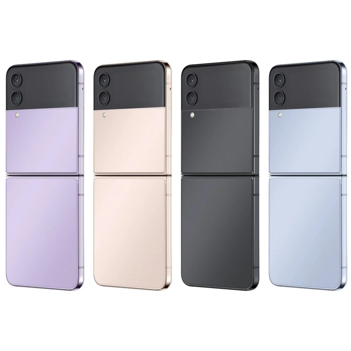 Refurbished Samsung Galaxy Z Flip 4 shown in unfolded positions with dual rear cameras and active cover screen