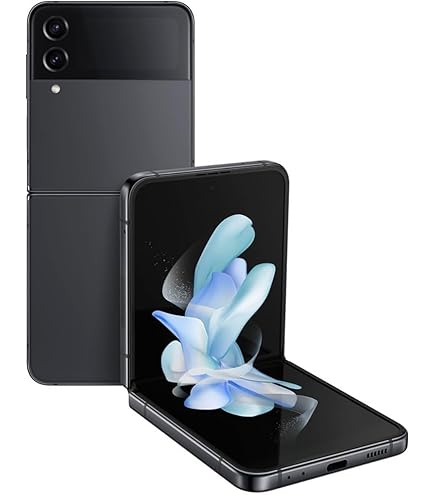 Refurbished Samsung Galaxy Z Flip 4 Graphite shown in folded and unfolded positions with dual rear cameras and active cover screen