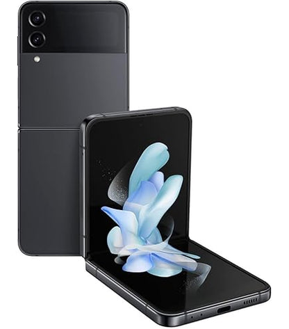 Refurbished Samsung Galaxy Z Flip 4 Graphite shown in folded and unfolded positions with dual rear cameras and active cover screen