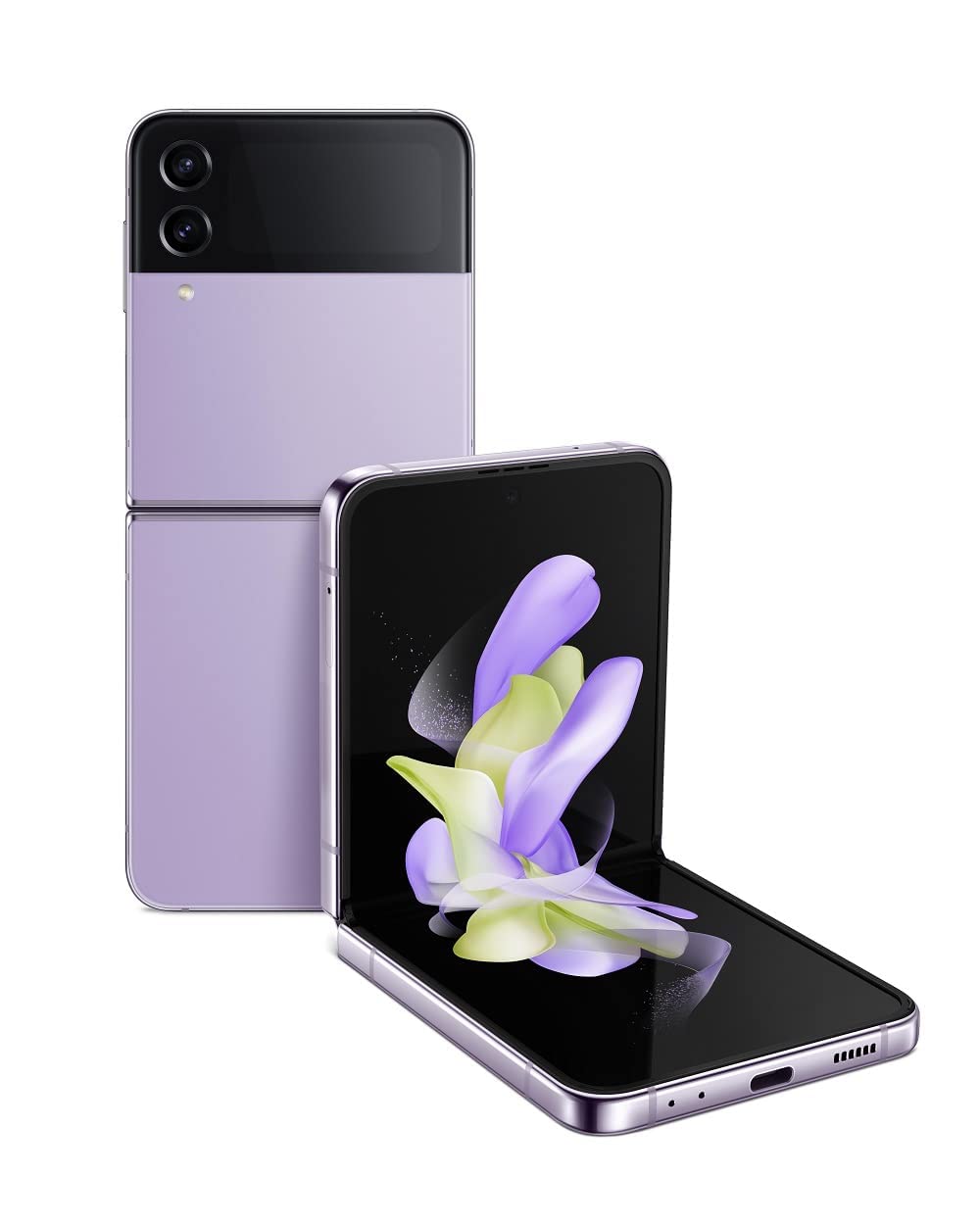 Refurbished Samsung Galaxy Z Flip 4 Bora Purple shown in folded and unfolded positions with dual rear cameras and active cover screen