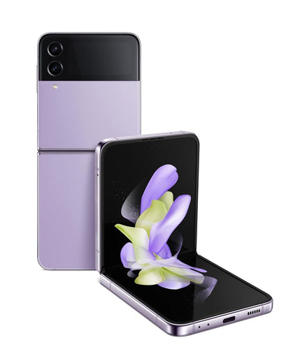 Refurbished Samsung Galaxy Z Flip 4 Bora Purple shown in folded and unfolded positions with dual rear cameras and active cover screen