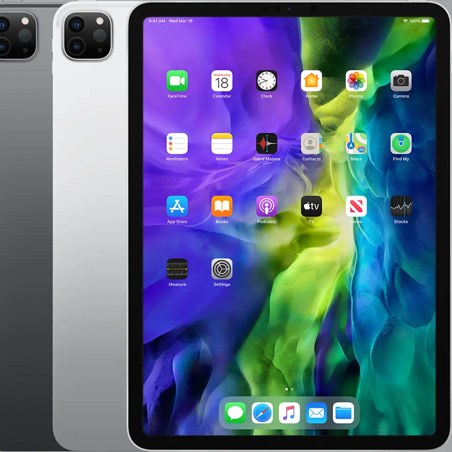 Refurbished Apple iPad Pro 11-inch 2nd Gen Silver and Space Gray back view Group Shot with dual camera system and LiDAR scanner - Strictli Certified
