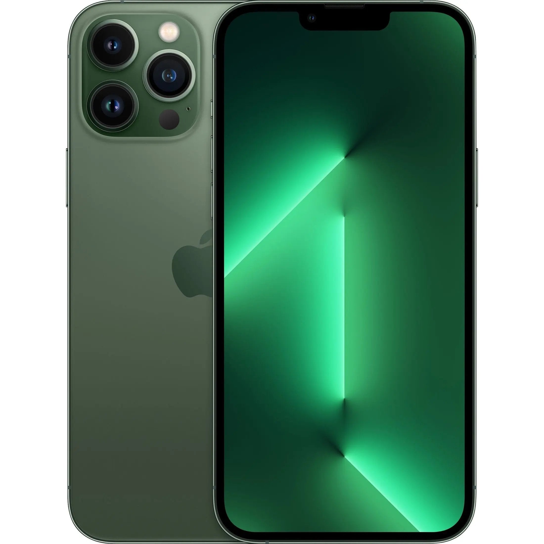 Refurbished iPhone 13 Pro 6.1-inch ProMotion Display with Back View of Used iPhone 13 Pro Alpine Green with Matte Glass Finish Split View