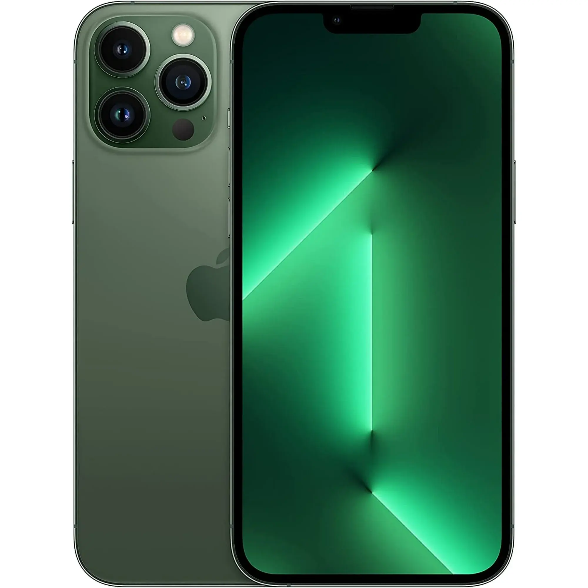Refurbished iPhone 13 Pro Max 6.7-inch ProMotion Display with FaceID Notch and Alpine Green Color rear split view