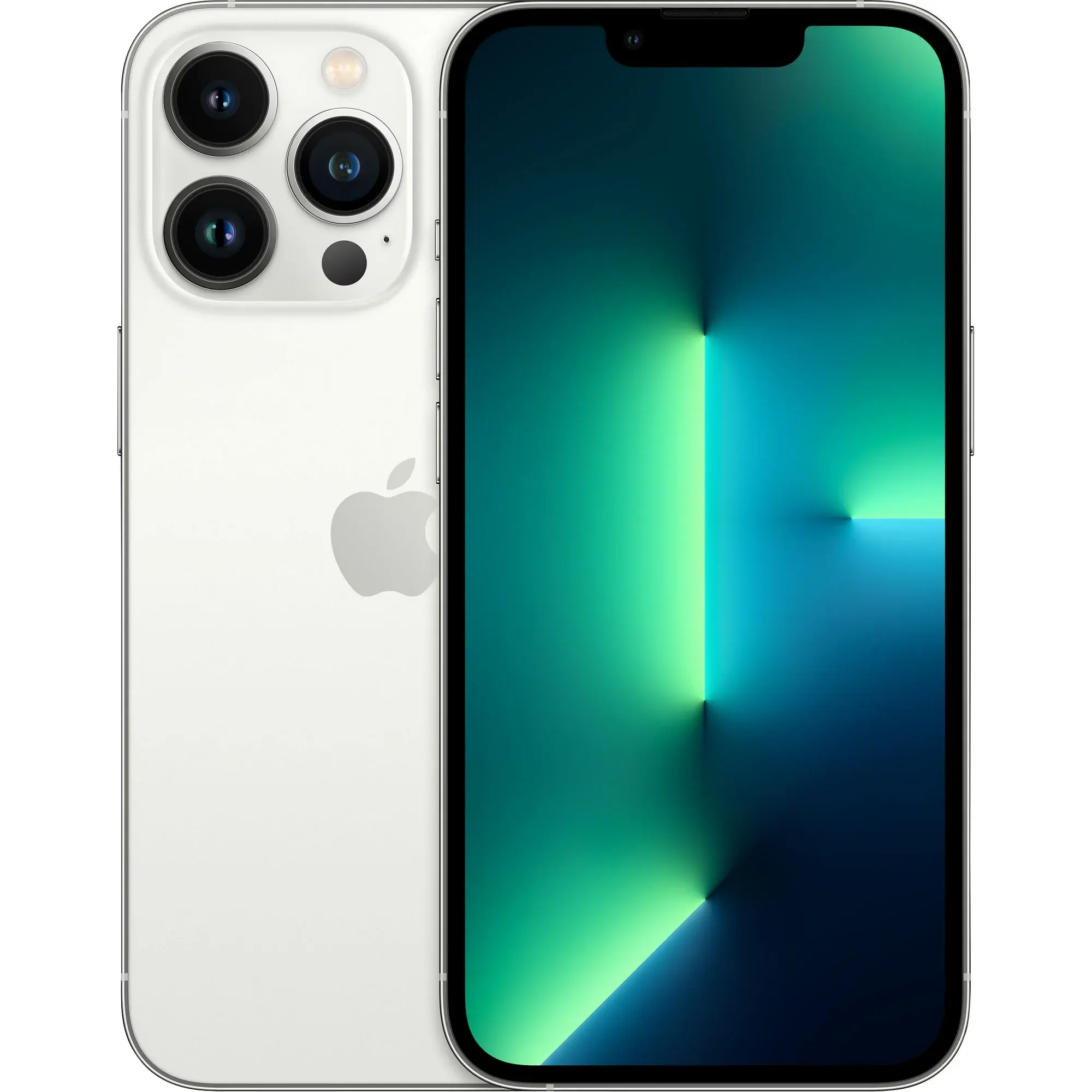 Refurbished iPhone 13 Pro Max 6.7-inch ProMotion Display with FaceID Notch and Silver Color rear split view